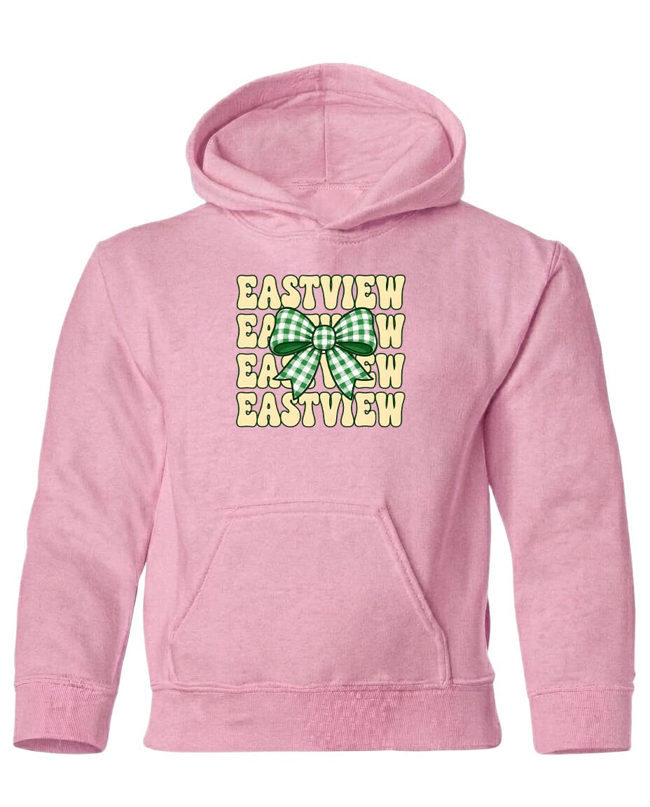 A pink hoodie with a graphic design featuring a green and white bow on the front.