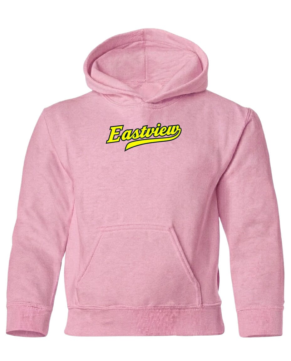 A pink hoodie with a yellow logo on the front.