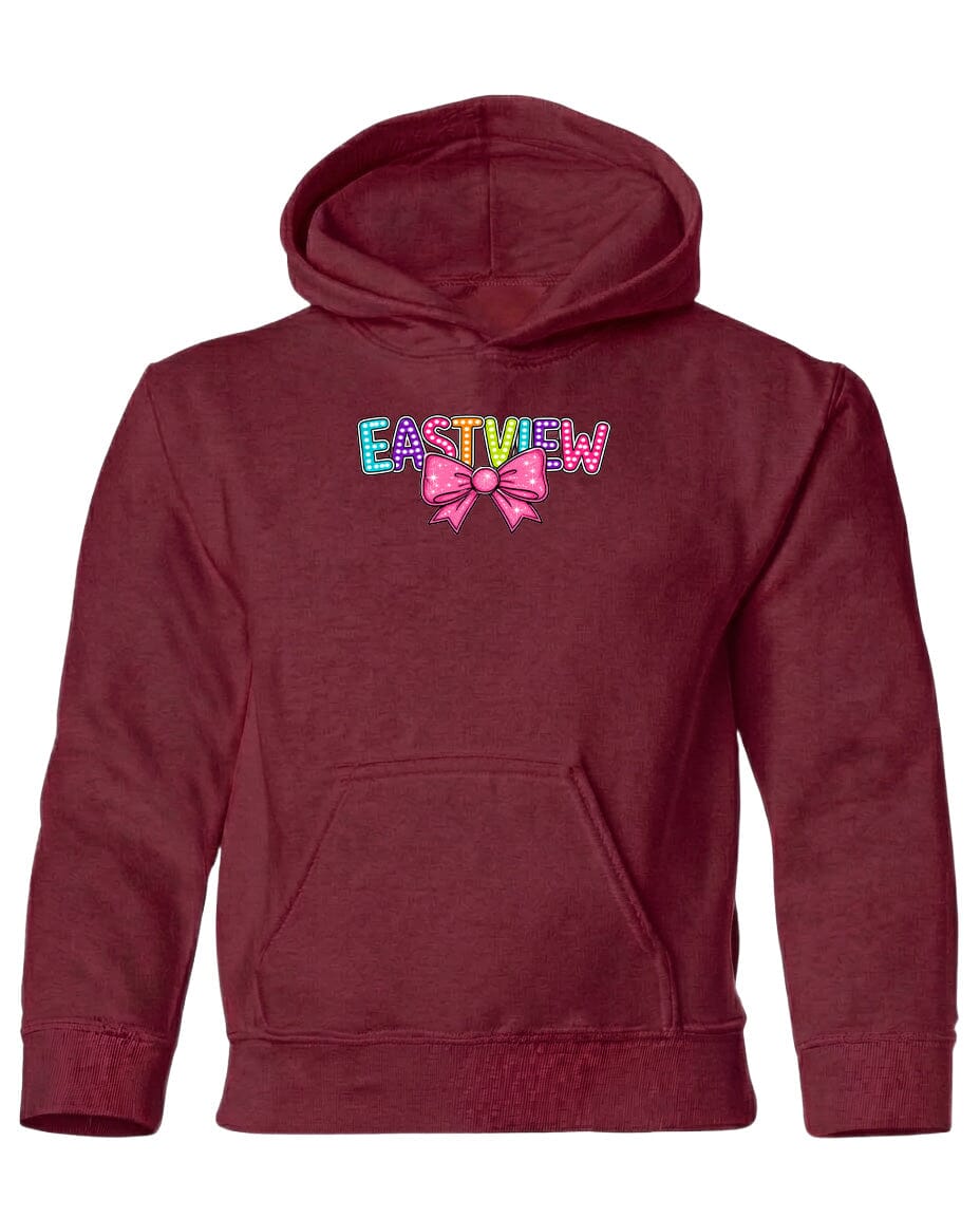 A burgundy-colored hooded sweatshirt with the word 'EASTVIEW' printed on the front in a colorful, stylized font.