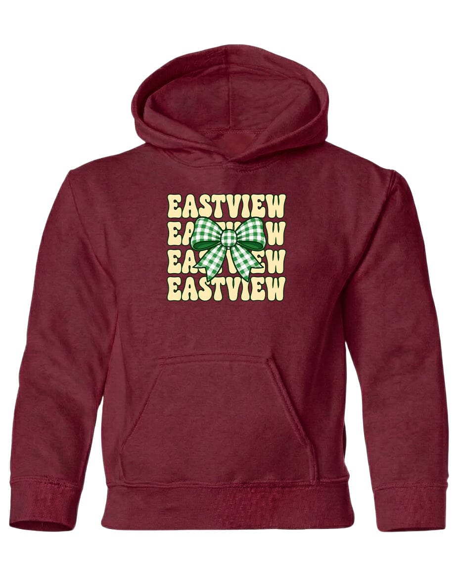 A burgundy-colored hoodie with a graphic design on the front. The design features a green and white checkered bow and the text "EASTVIEW" repeated multiple times in a vertical arrangement.