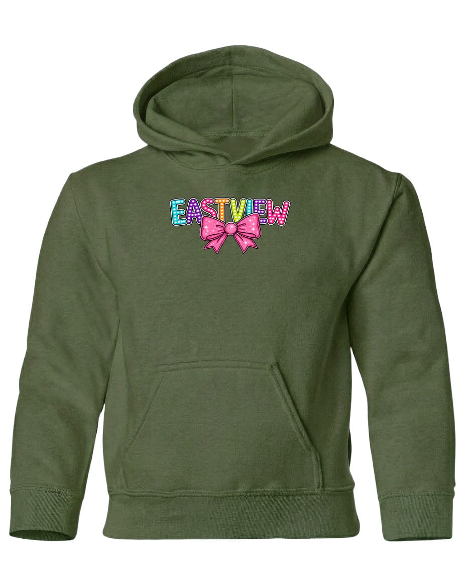 A green hoodie with a colorful bow on the front.