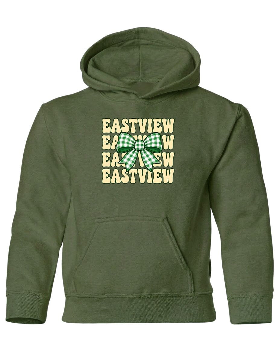 A green hoodie with a graphic design on the front.