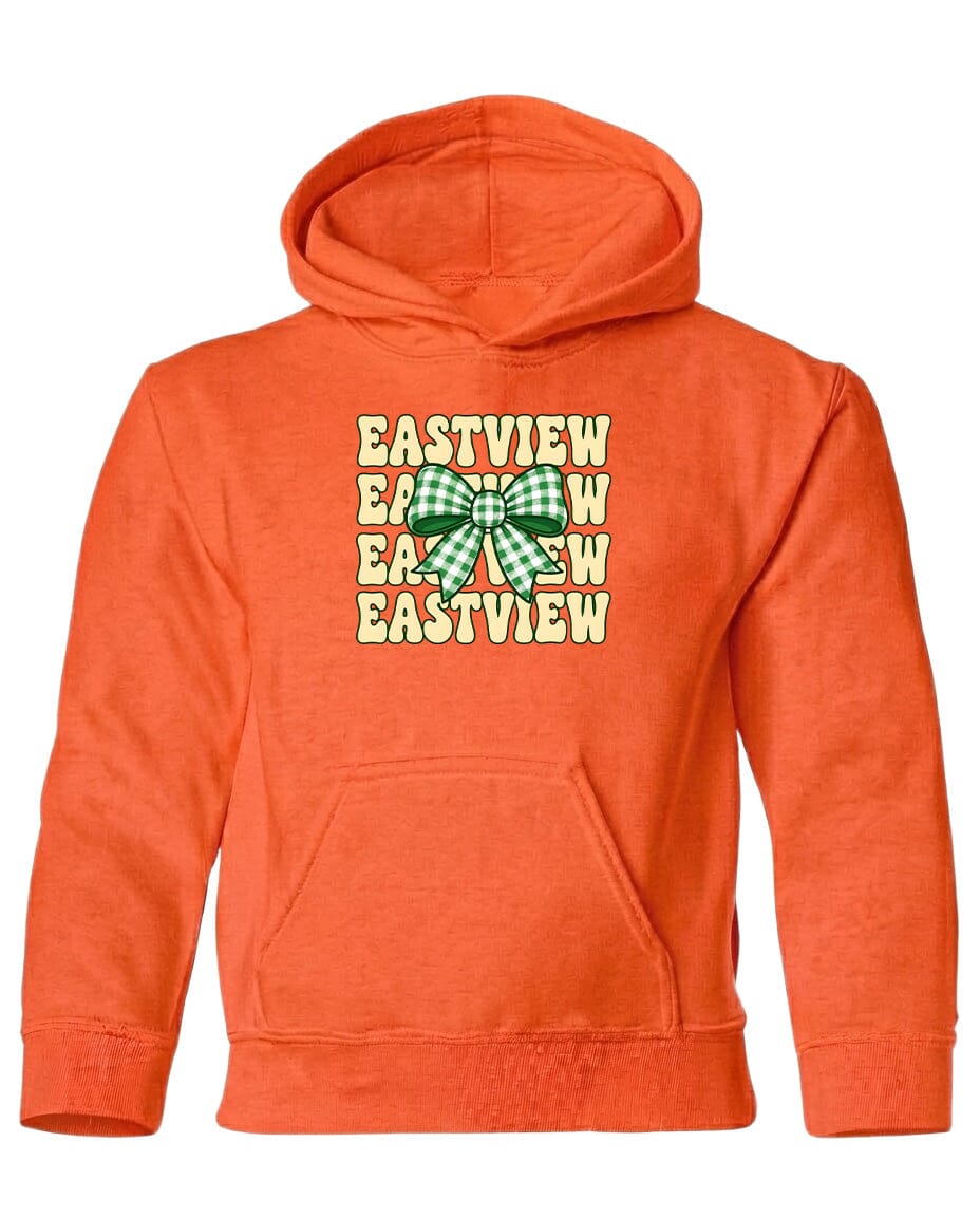 An orange hoodie with a graphic design on the front.