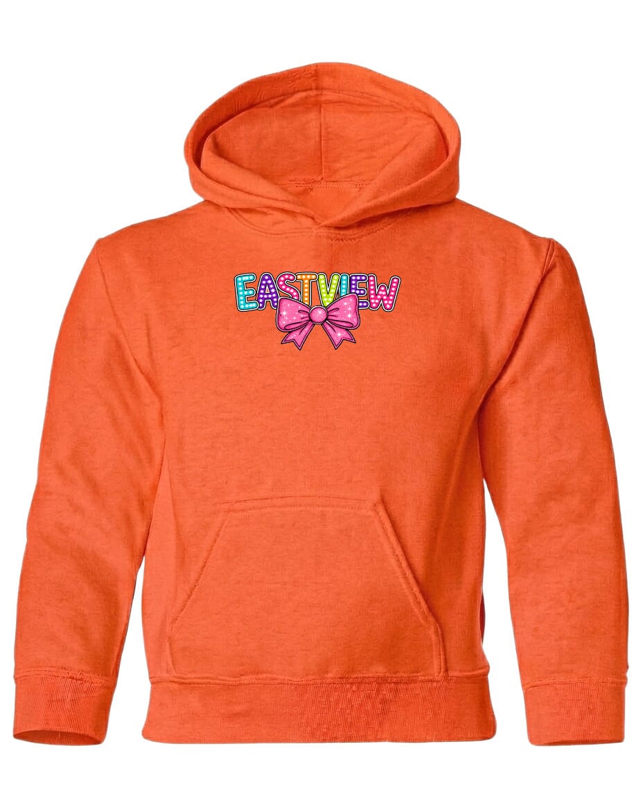 An orange hoodie with a colorful graphic design on the front.