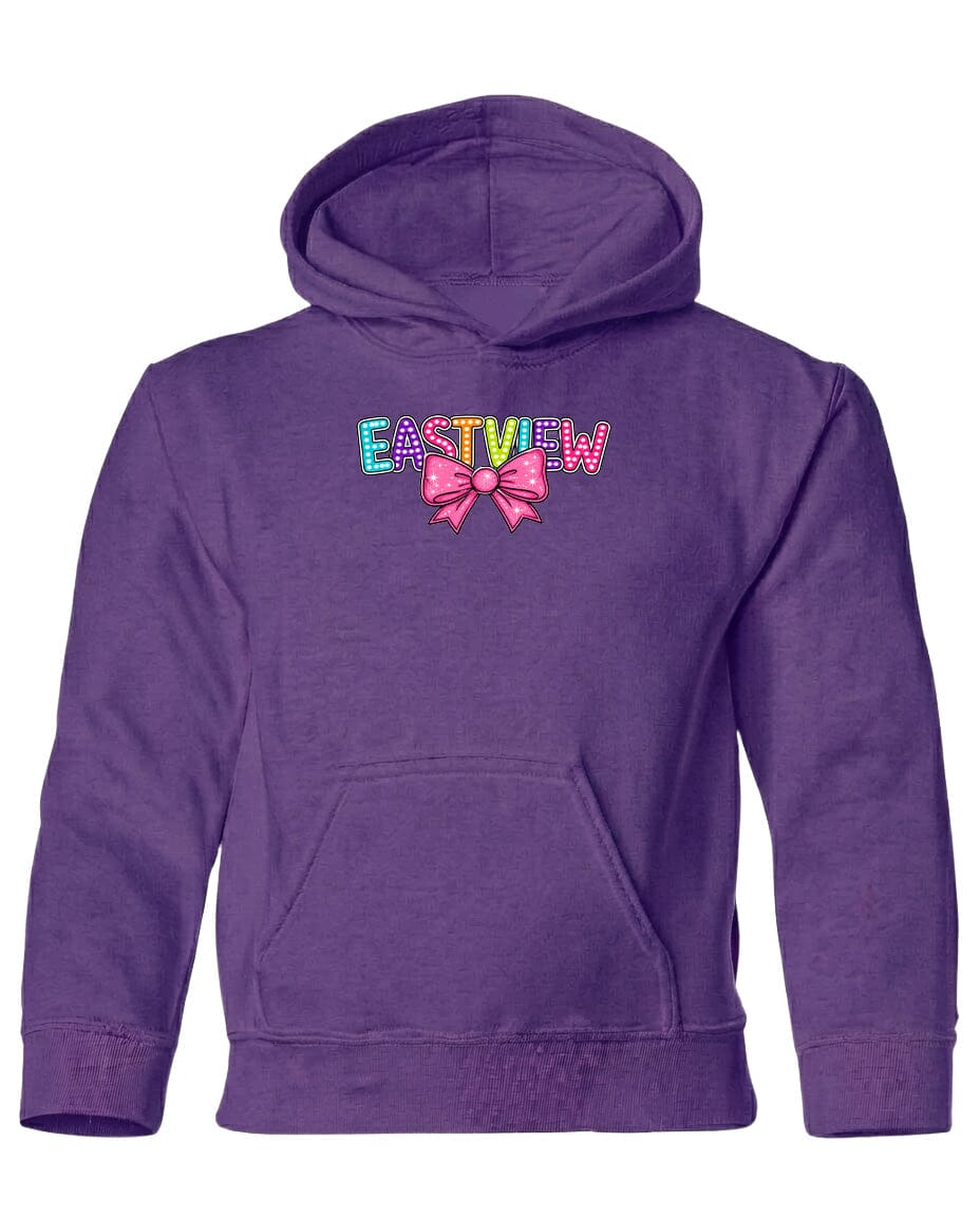 A purple hoodie with the word "EASTVIEW" printed on it, along with a bow design.