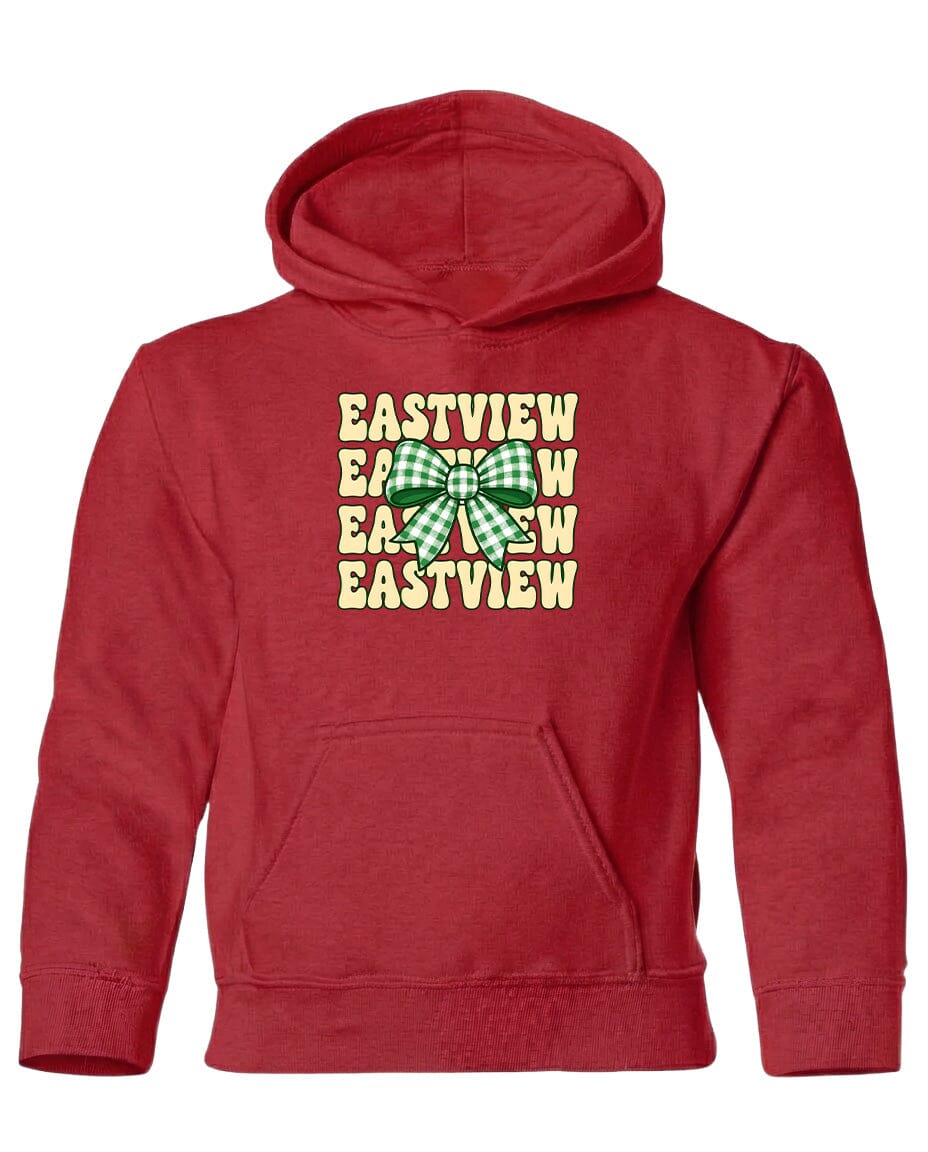A red hoodie with a graphic design on the front.
