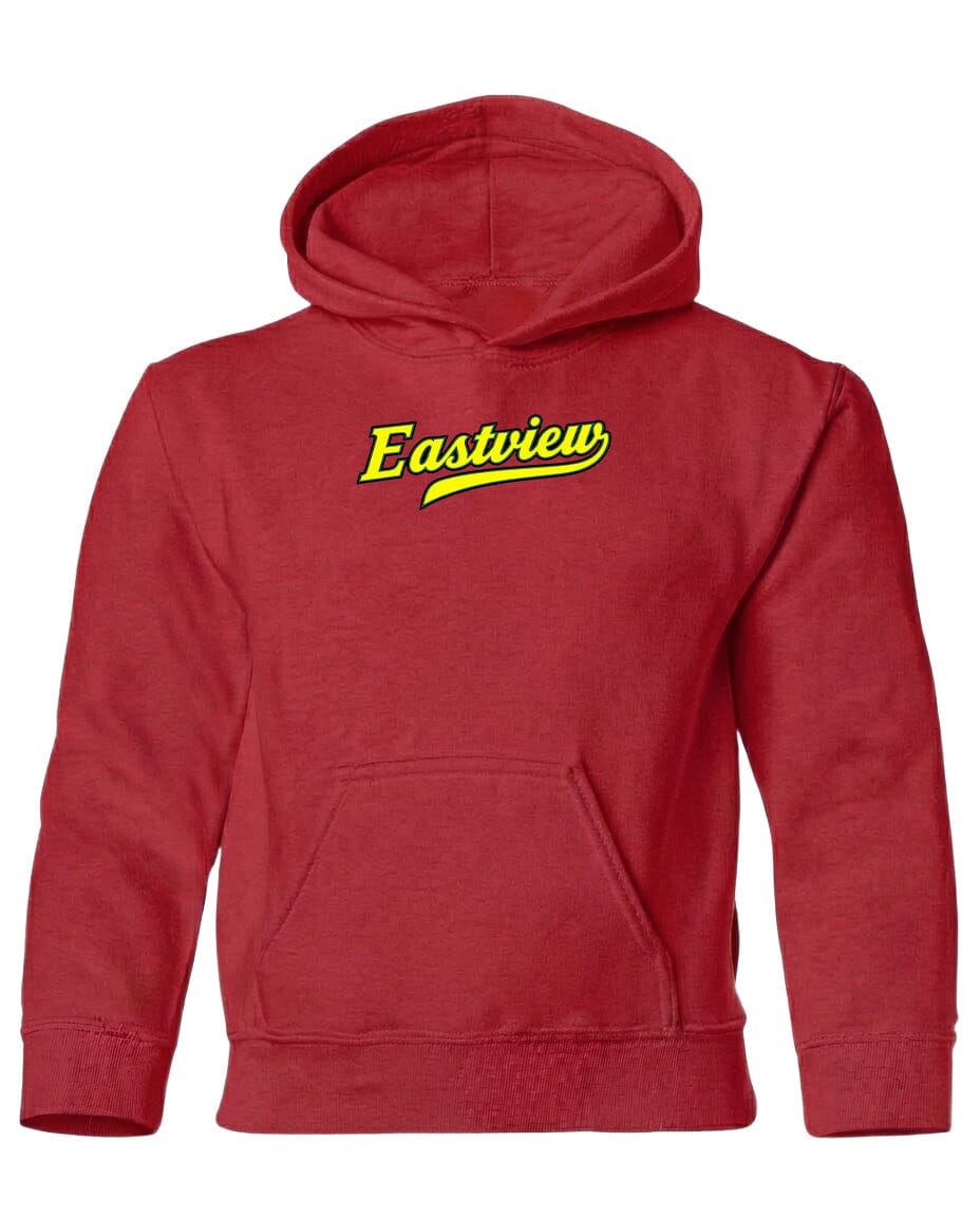 A red hooded sweatshirt with the word "Eastview" printed in yellow on the front.
