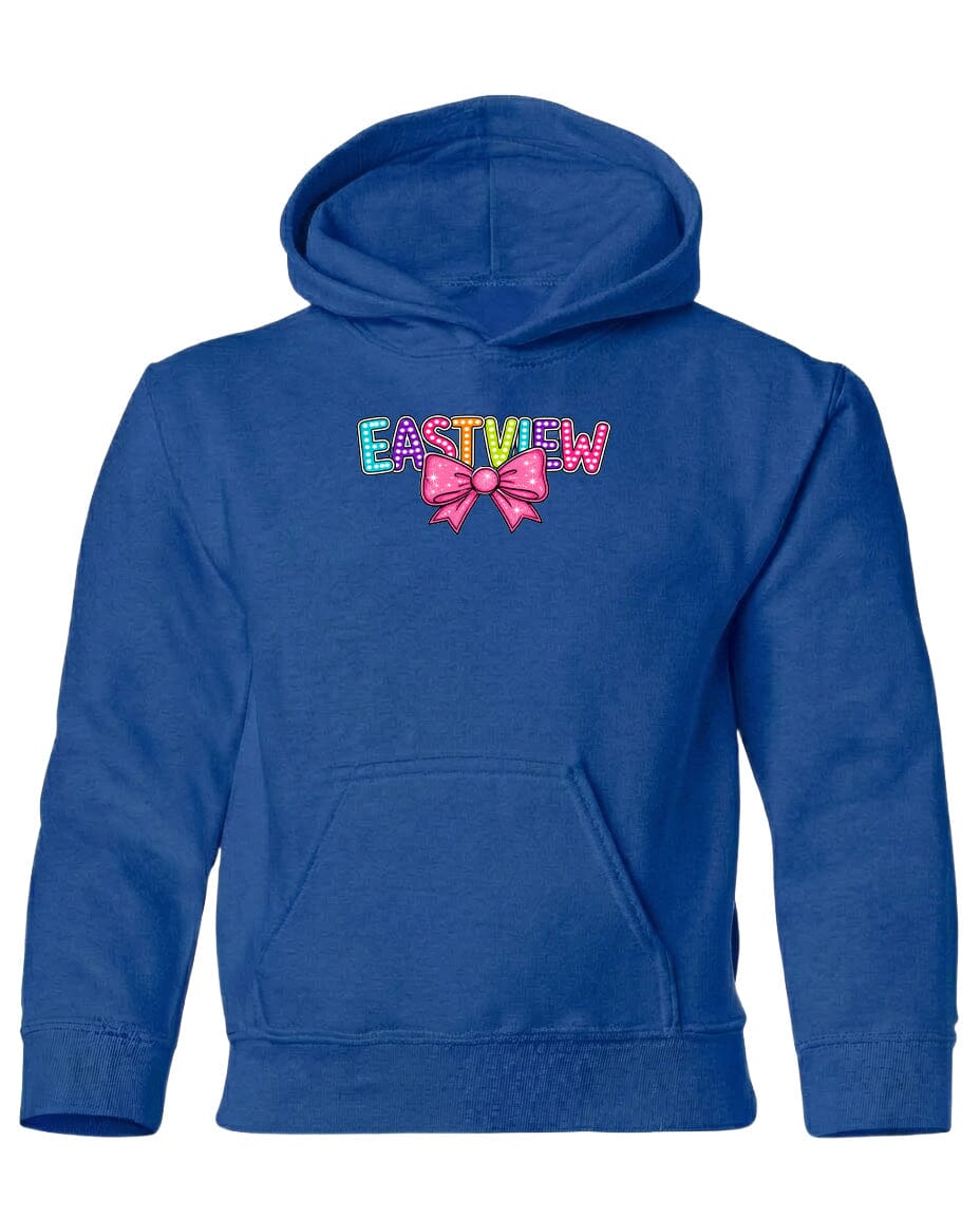A blue hoodie with the word "EASTVIEW" printed on it.