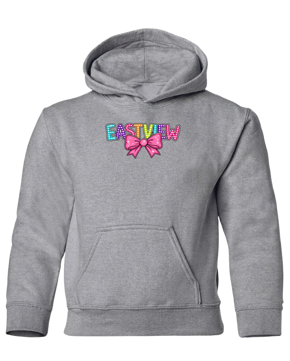 A gray hoodie with a colorful bow on the front.