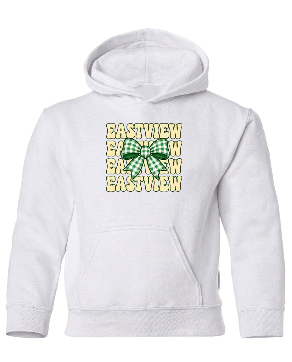 A white hoodie with a graphic design featuring a green and white checkered bow on the front.