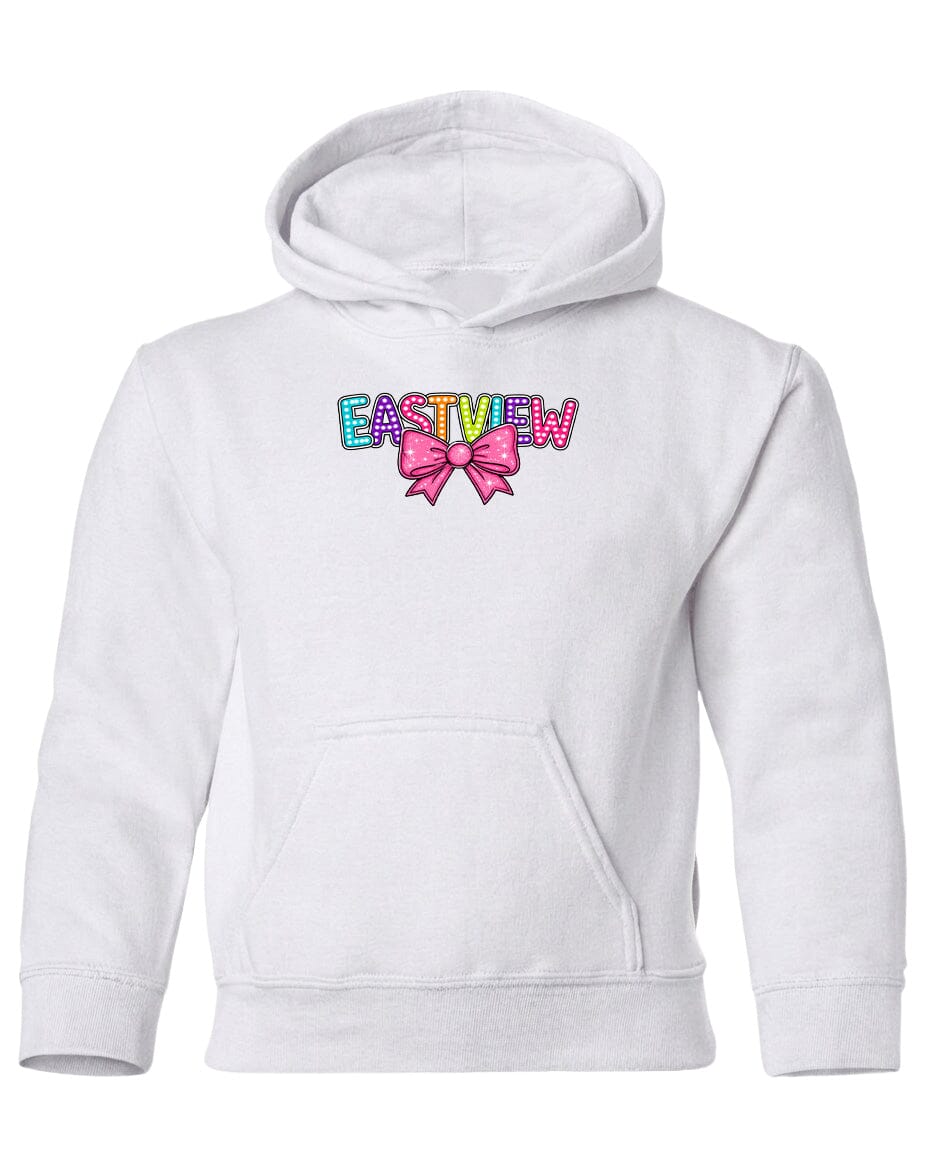 A white hoodie with a colorful bow and the word "EASTVIEW" printed on it.