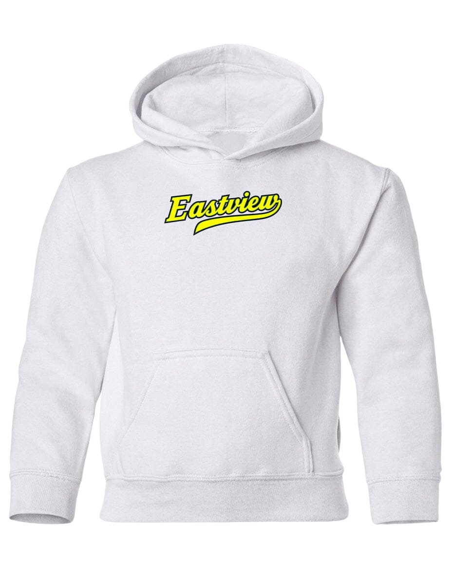 A white hoodie with a yellow logo on the front.