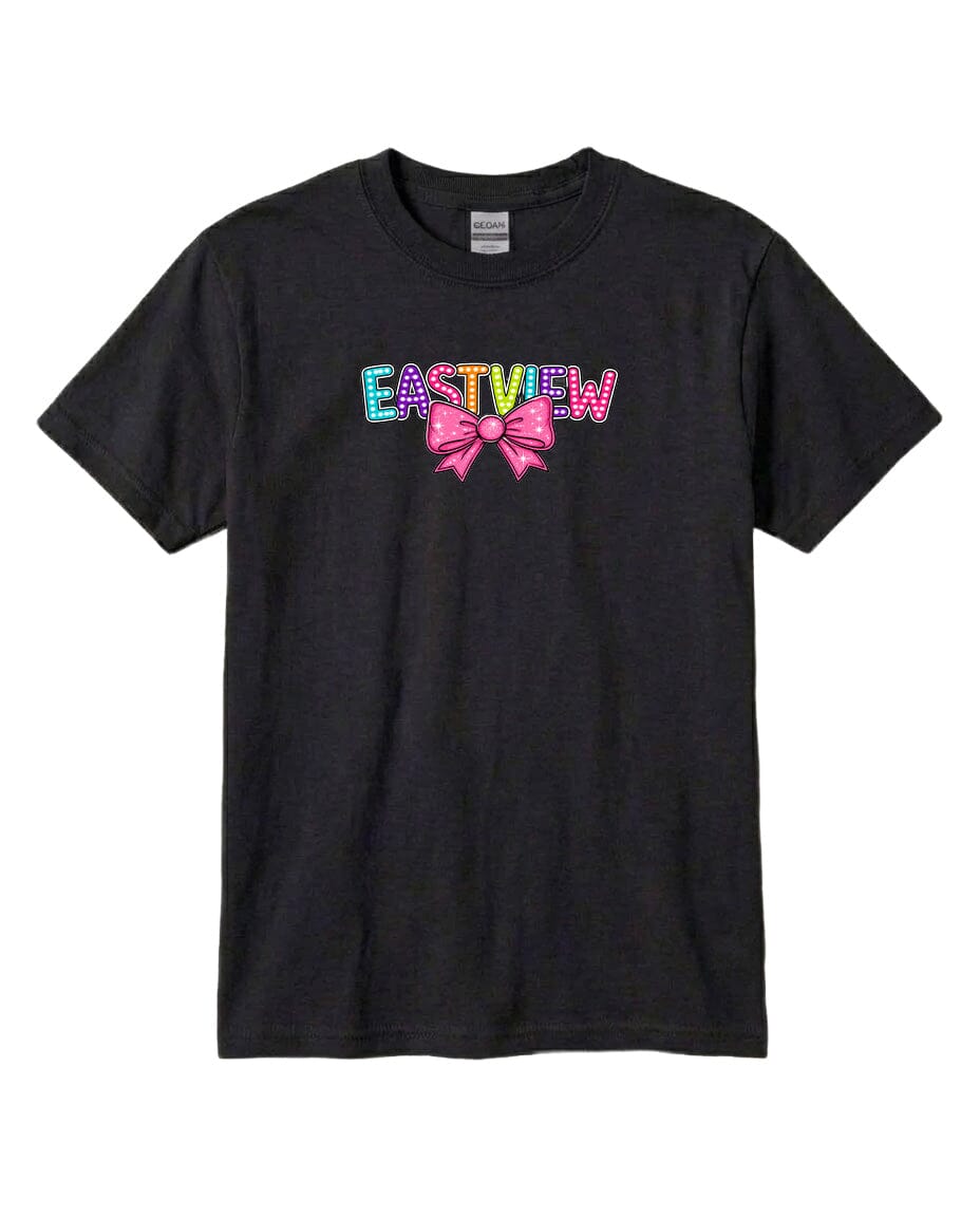 A black t-shirt with the word "EASTVIEW" printed on it in colorful letters.
