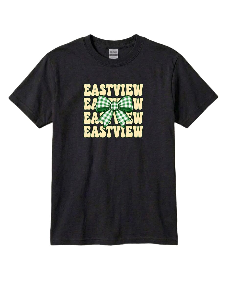 A black t-shirt with a graphic design featuring the text "EASTVIEW" in a stylized font, with a green and white bow-like symbol in the center.