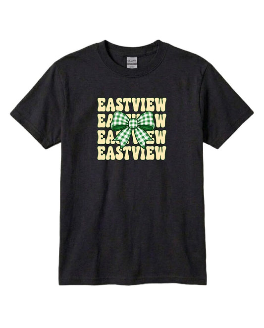 A black t-shirt with a graphic design featuring the text "EASTVIEW" in a stylized font, with a green and white bow-like symbol in the center.