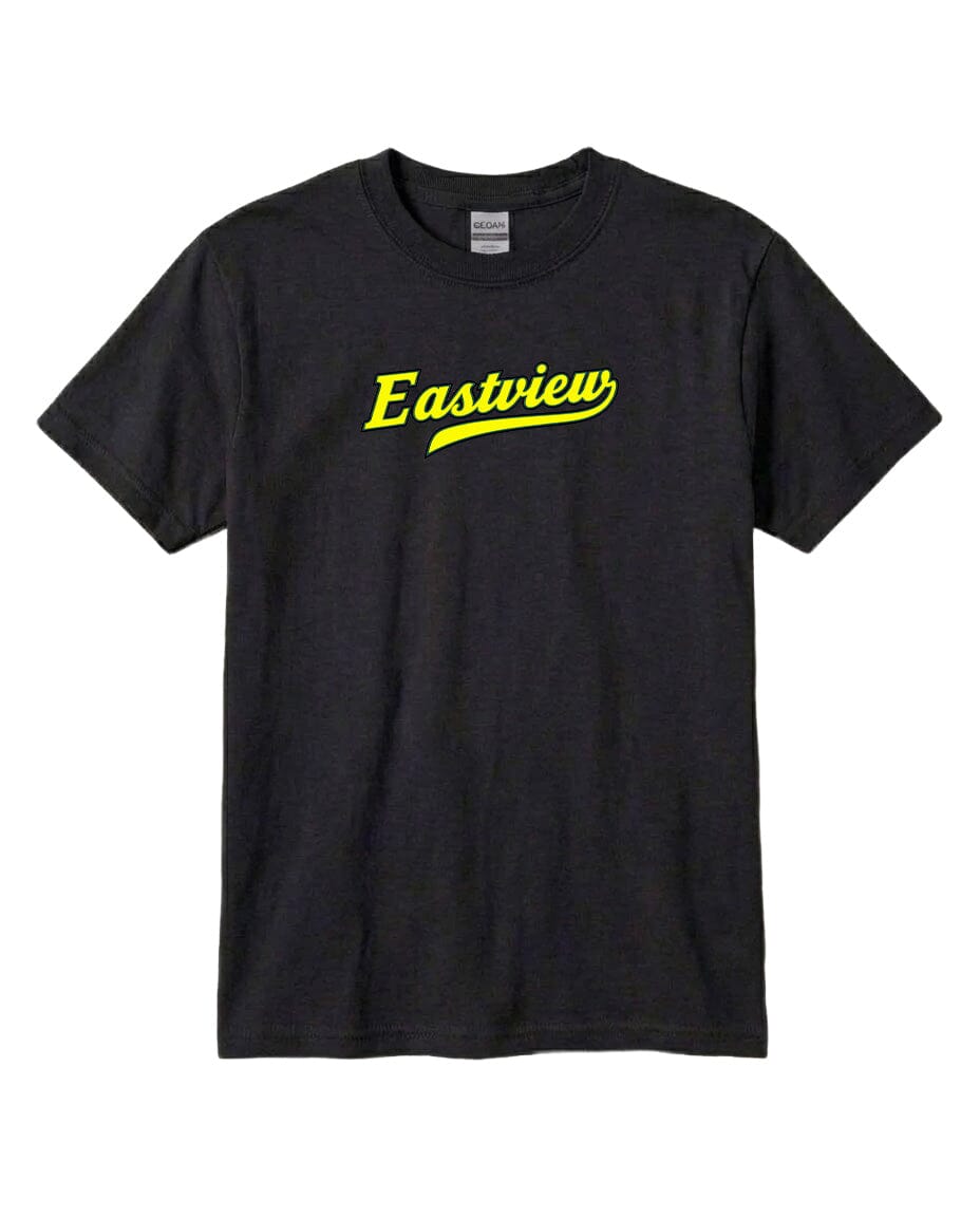 A black t-shirt with the word "Eastview" printed in yellow on the front.