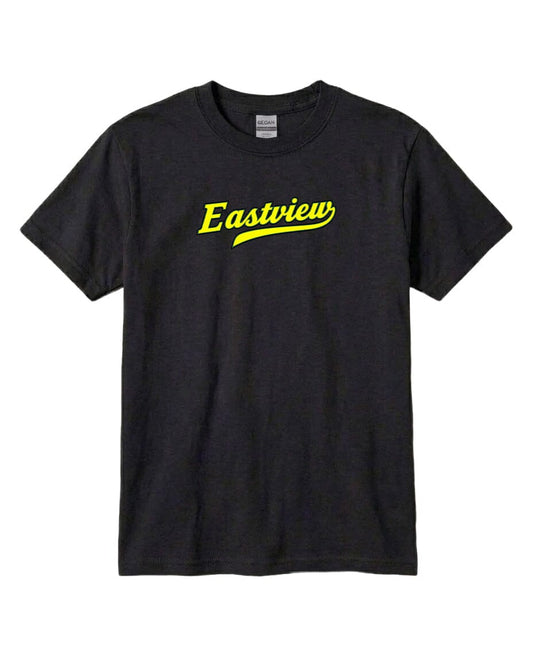 A black t-shirt with the word "Eastview" printed in yellow on the front.