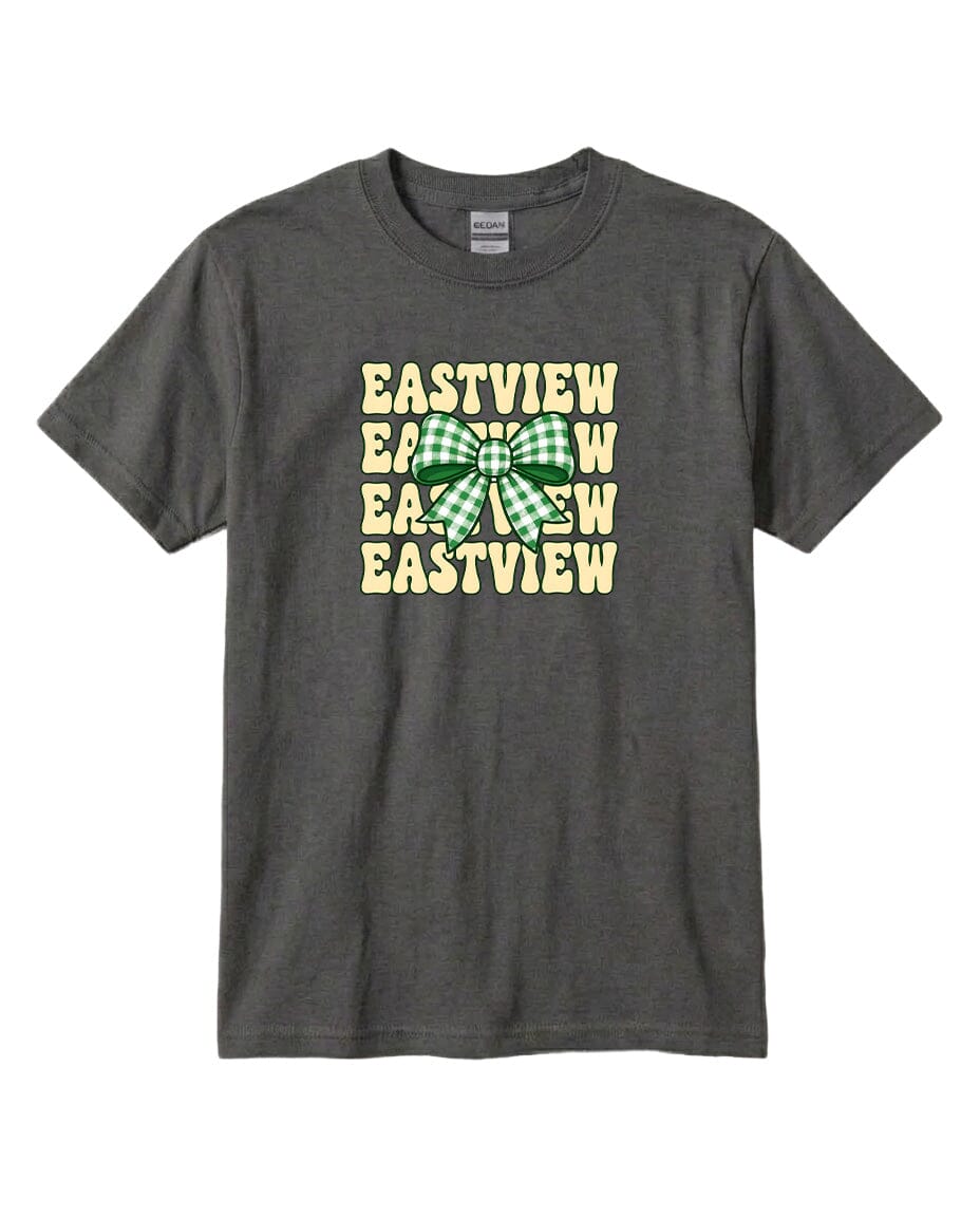 A gray t-shirt with a graphic design featuring the text "EASTVIEW" repeated in a vertical pattern, with a green and white bow in the center.