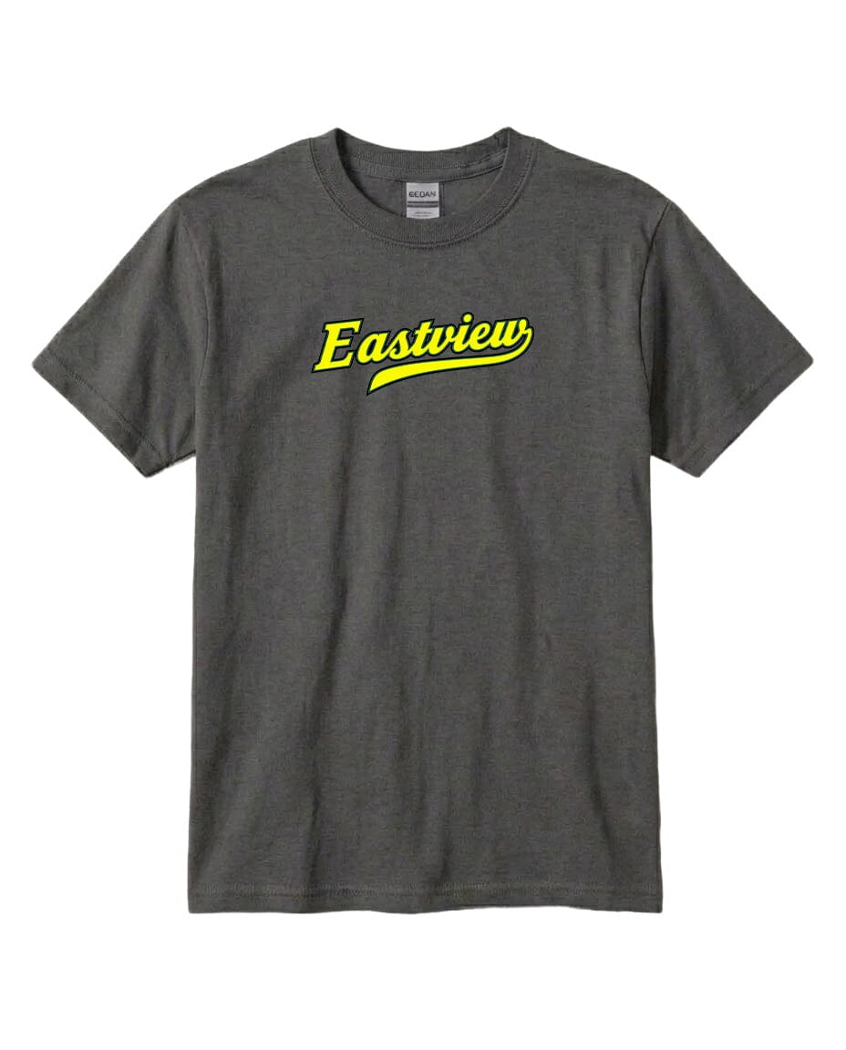 A gray t-shirt with the word "Eastview" printed in yellow on the front.