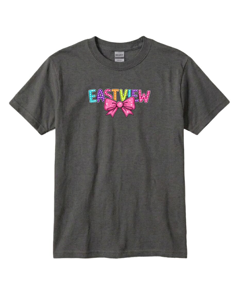 A gray t-shirt with a colorful graphic design on the front.