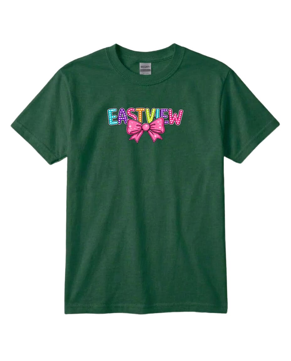 A green t-shirt with the text "EASTVIEW" and a bow graphic printed on it.