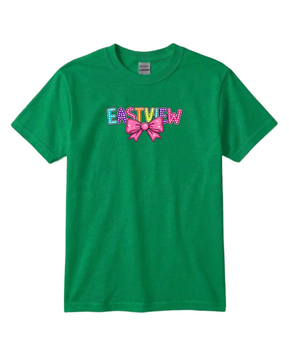 A green t-shirt with the word "EASTVIEW" printed on it, along with a bow graphic.