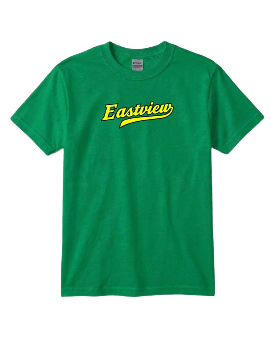 A green t-shirt with the word "Eastview" printed in yellow on it.