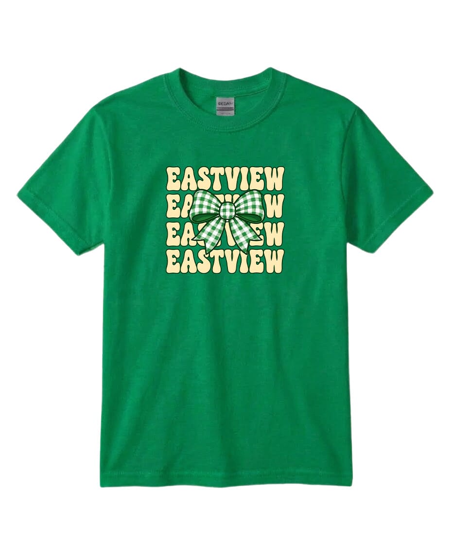 A green t-shirt with a graphic design featuring the text "EASTVIEW" in a stylized font, surrounded by a bow pattern.