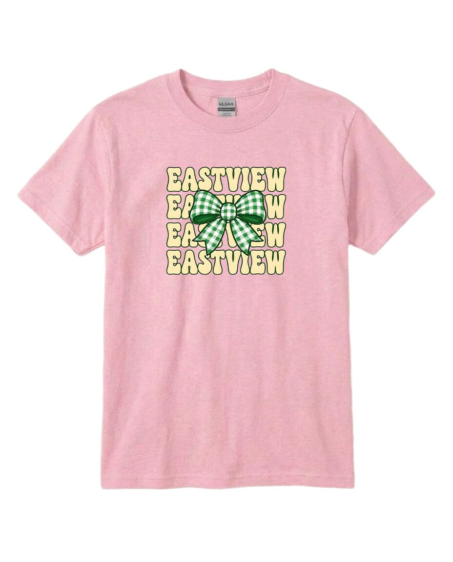 A pink t-shirt with a graphic design featuring a green and white bow and the text "EASTVIEW" repeated multiple times in a vertical pattern.