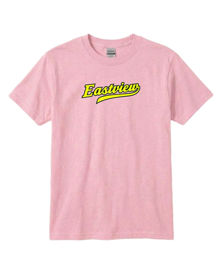 A pink t-shirt with the text "Eastview" printed on it in a stylized font.
