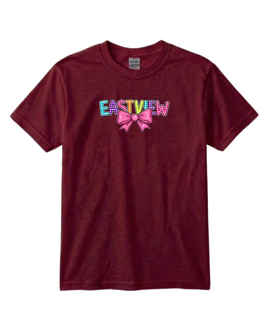 A burgundy-colored t-shirt with the text "EASTVIEW" printed on it in a colorful, stylized font.