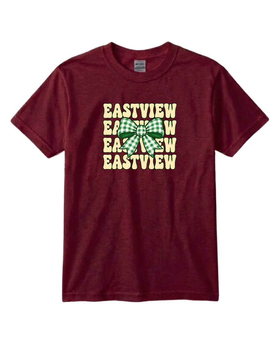 A burgundy-colored t-shirt with a graphic design featuring the text "EASTVIEW" repeated three times, with a green and white bow in the center.