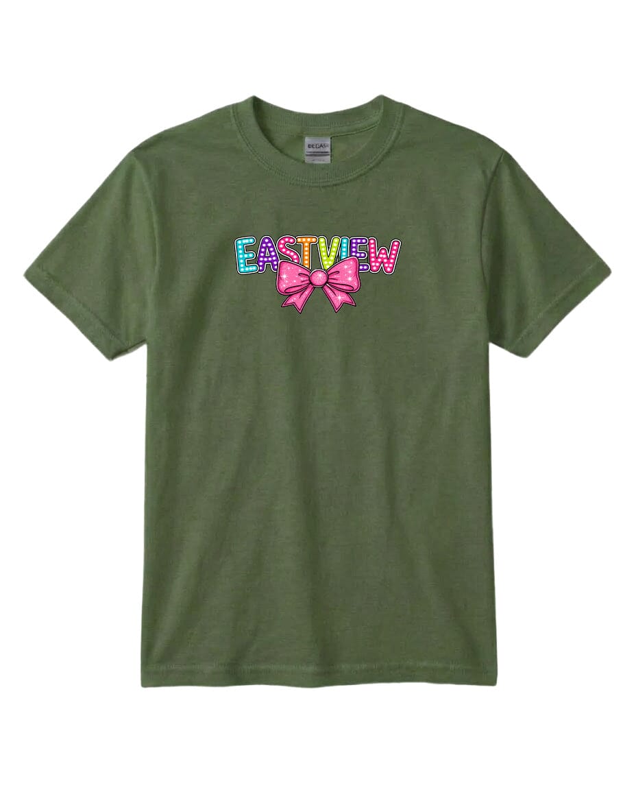 A green t-shirt with the word "EASTVIEW" printed on it, along with a pink bow.