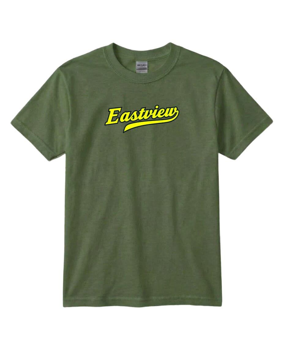 A green t-shirt with the word "Eastview" printed in yellow on it.
