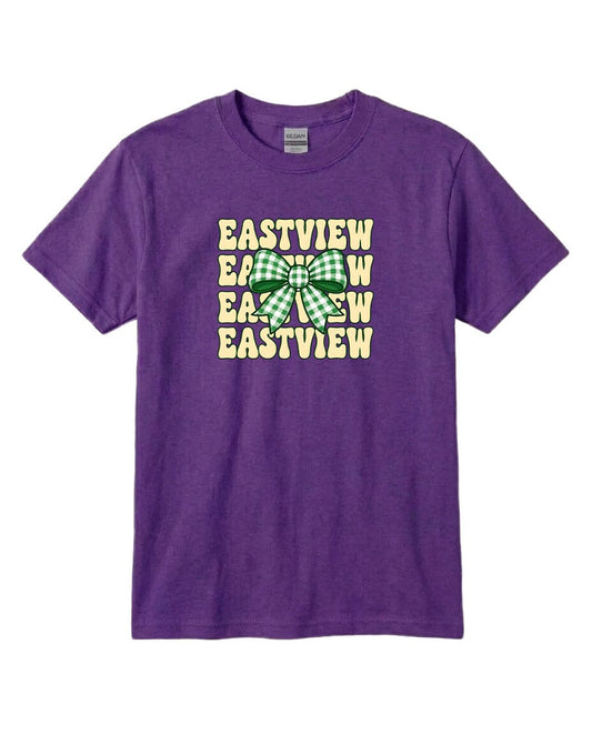 A purple t-shirt with a graphic design featuring a green and white bow and the text "EASTVIEW" repeated multiple times in a vertical arrangement.