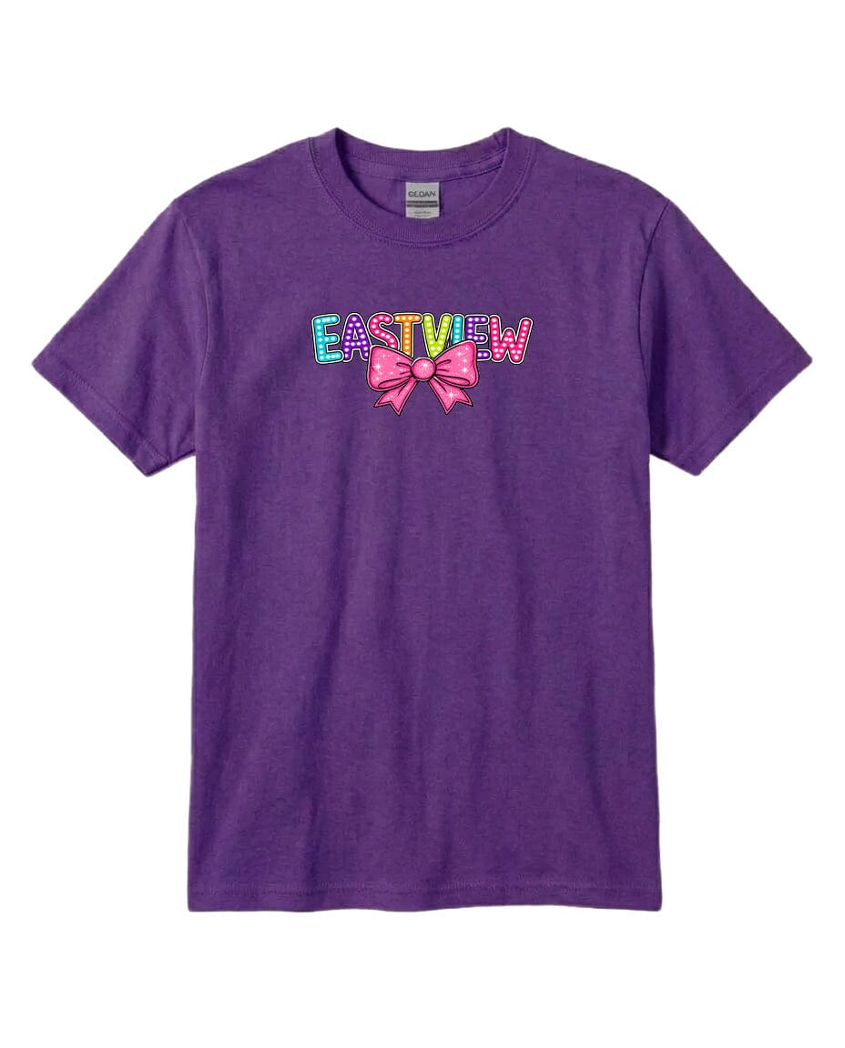 A purple t-shirt with the text "EASTVIEW" and a bow graphic printed on it.