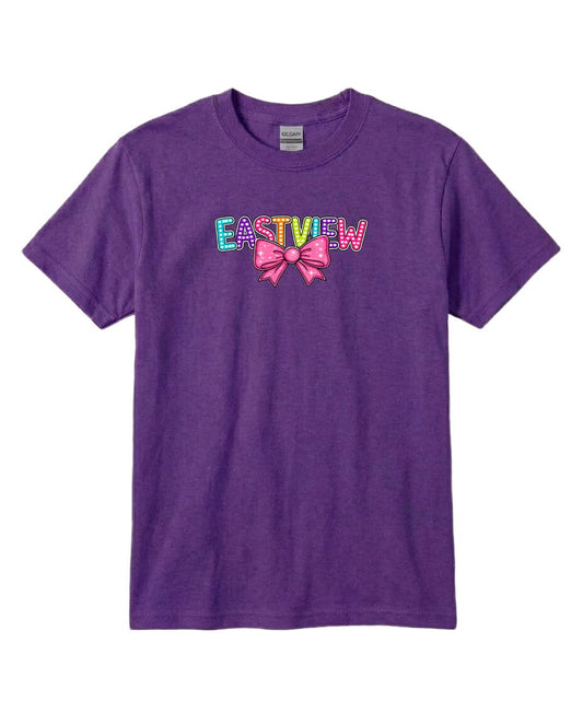 A purple t-shirt with the text "EASTVIEW" and a bow graphic printed on it.
