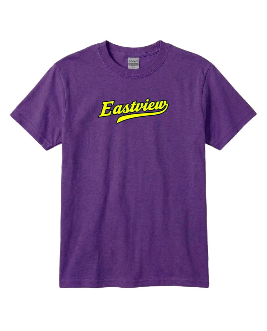 A purple t-shirt with the text "Eastview" printed in yellow on it.