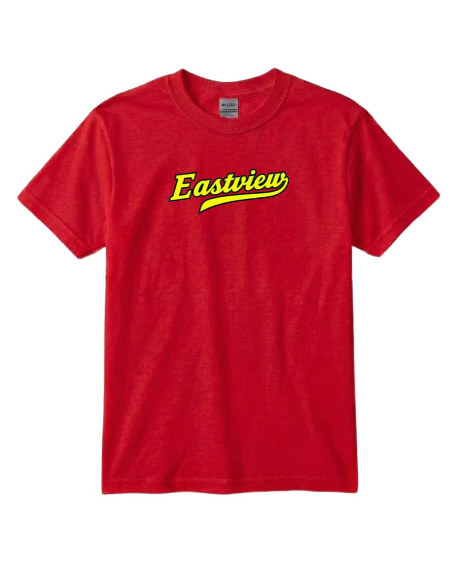 A red t-shirt with the word "Eastview" printed in yellow on the front.