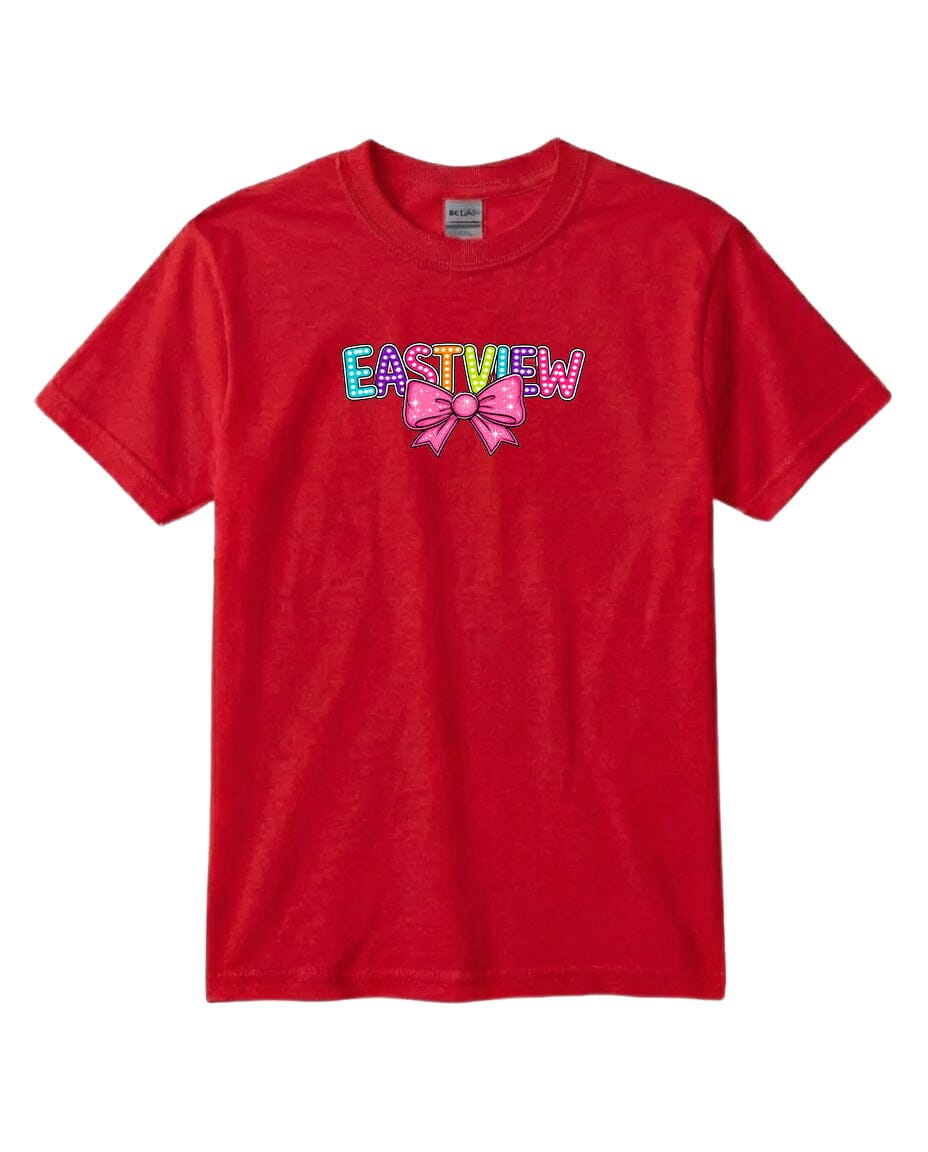 A red t-shirt with the word "EASTVIEW" printed on it, along with a bow graphic.