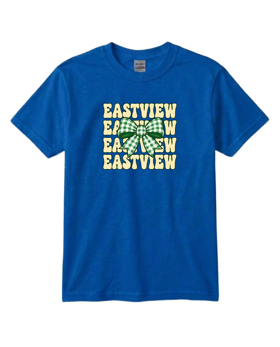 A blue t-shirt with a graphic design featuring the text "EASTVIEW" repeated in a pattern.