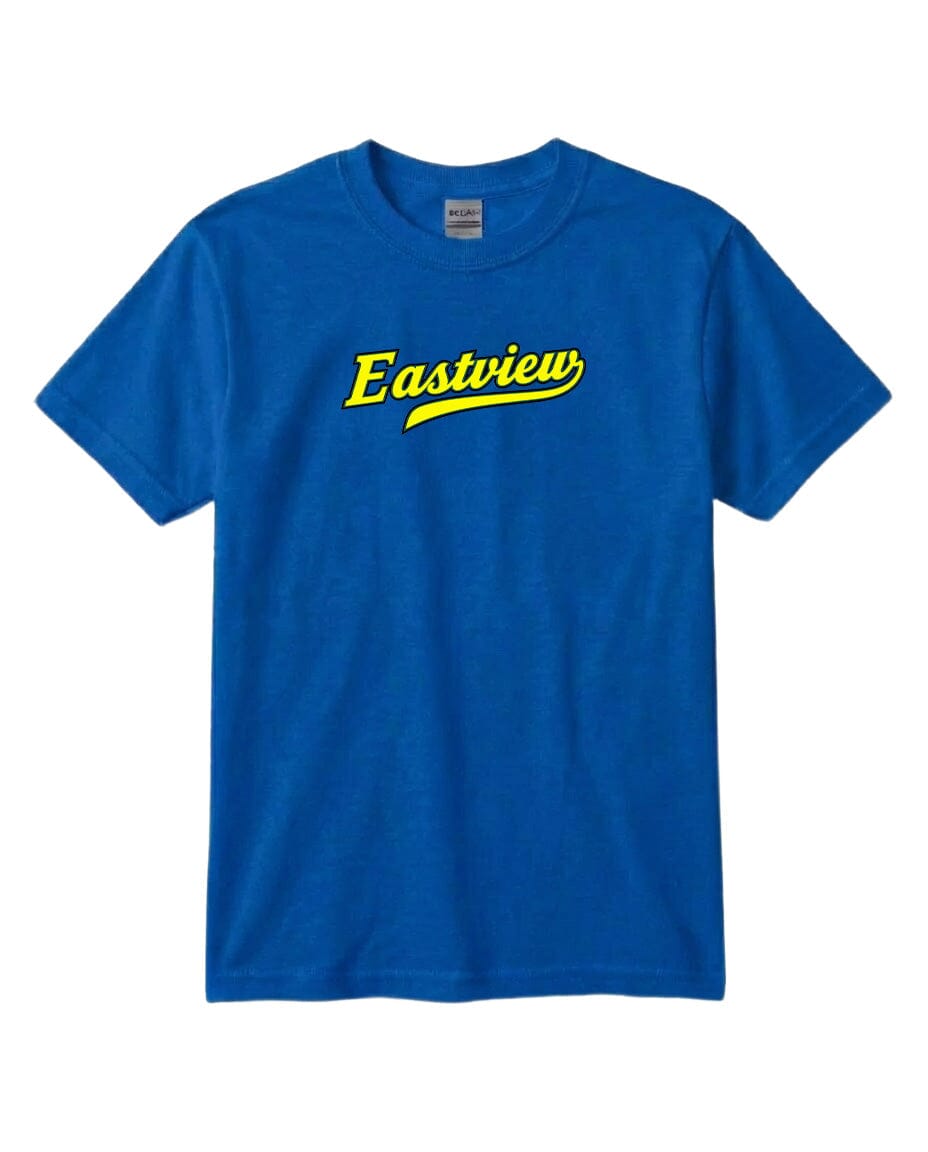 A blue t-shirt with the word "Eastview" printed in yellow on it.