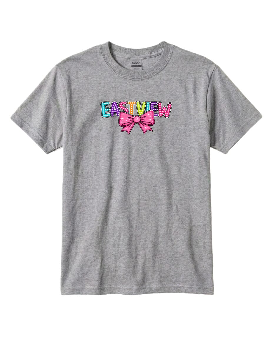 A gray t-shirt with a colorful graphic design on the front, featuring the text "EASTVIEW" with a pink bow.