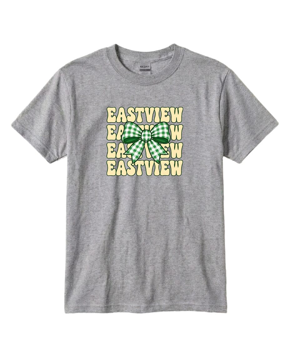 A gray t-shirt with a graphic design featuring a green and white bow and the text "EASTVIEW" repeated multiple times in a checkered pattern.