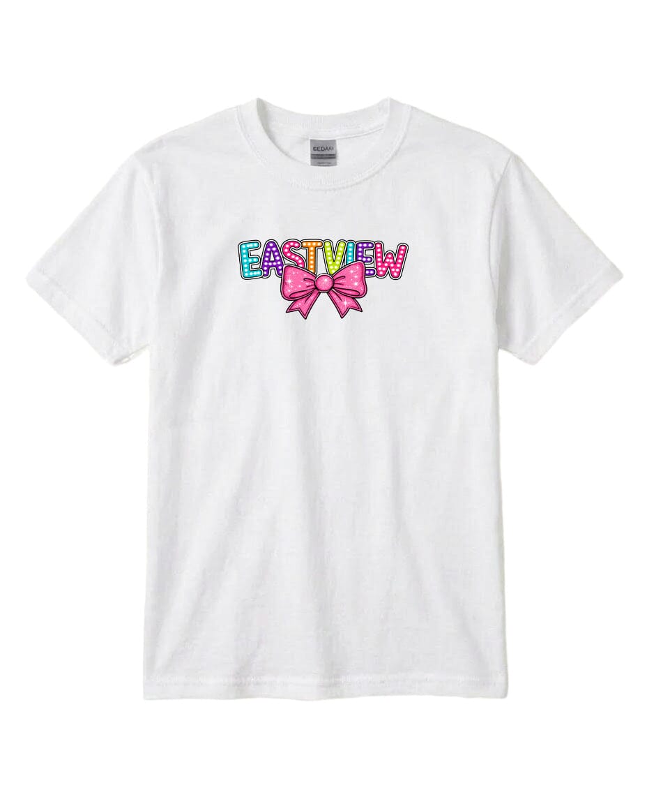 A white t-shirt with a colorful graphic design featuring the text "EASTVIEW" with a pink bow.