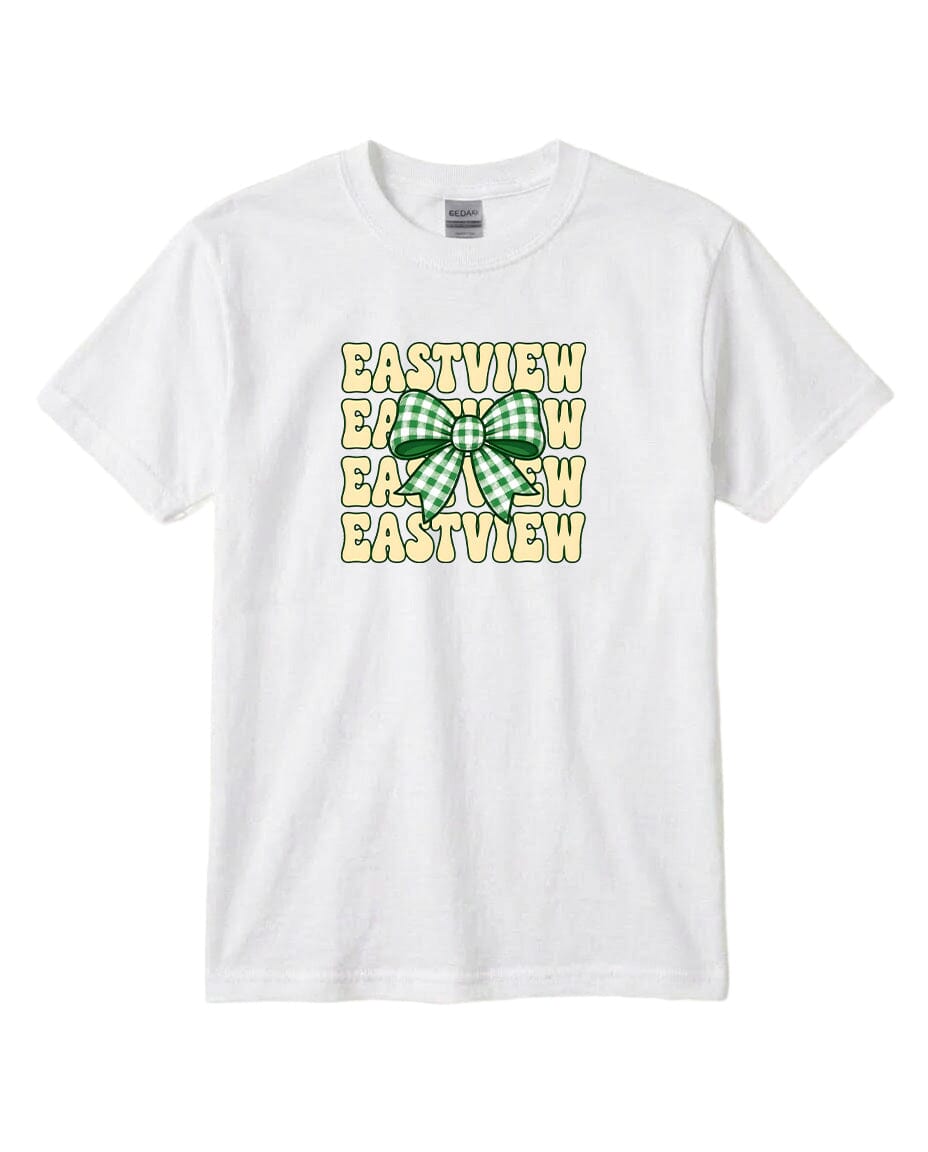 A white t-shirt with a graphic design featuring a green and white bow and the text "EASTVIEW" repeated multiple times in a vertical arrangement.