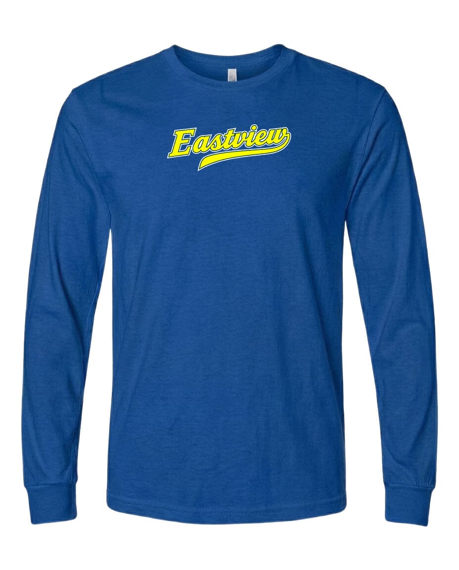 A blue long-sleeved t-shirt with the word "Eastview" printed in yellow on the front.