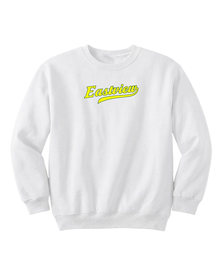 A white sweatshirt with the word "Eastview" printed in yellow on the front.