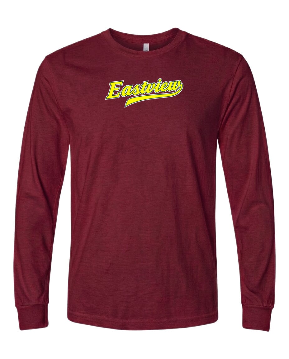 A maroon long-sleeve t-shirt with the word "Eastview" printed in yellow on the front.