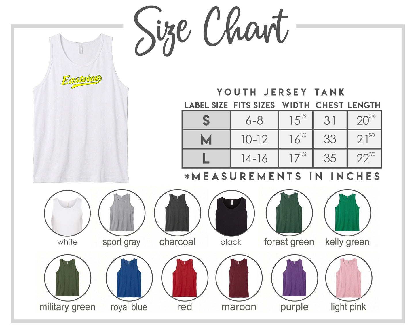 The image is a size chart for a youth jersey tank, displaying various color options and corresponding measurements in inches.